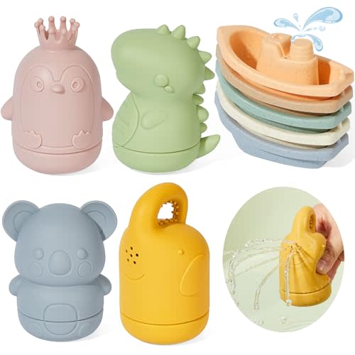 Bath Toys Floating Boats with Silicone Bath Toys, 9 PCS Mold Free Baby Bath Toys for Infants 6-12-18 Months Bathtub Water Table Toys for Toddlers 1-3, Water Pool Toys for 1 2 3 4 Boys Girls Kids