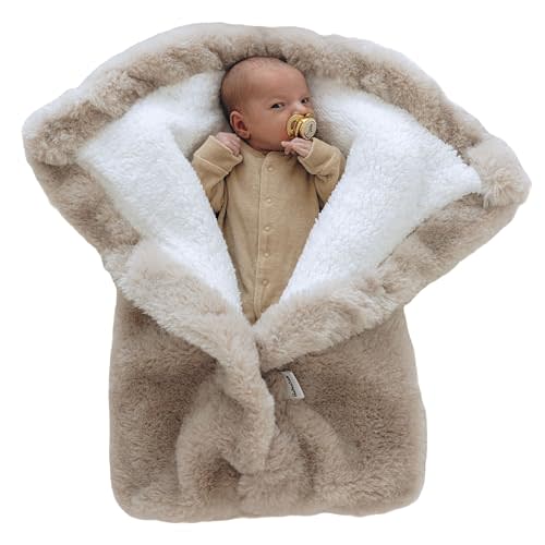 Bebeezoo Warm Swaddle Blanket for Baby Boy or Girl, Multi Use Baby Wrap Swaddle, Ultra-Soft Fleece Interior Plush Exterior, Winter Stroller Blanket, Cold Weather Baby Swaddle (Beige, 0-6 Months)