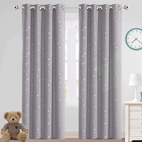 PrinceDeco Blackout Kids Curtains for Bedroom Thermal Insulated Silver Twinkle Star Curtains for Boys Antique Grommet Top Window Treatment 2 Panels Drapes for Nursery (52" W x 84" L, Grey/Silver)
