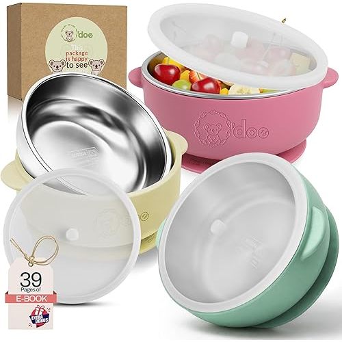 Suction Bowls for Baby - Non-Toxic Stainless Steel Baby Bowls 5" with Non-Slip Removable Silicone Shell - BPA-Free Toddler Bowls for Babies Self Feeding