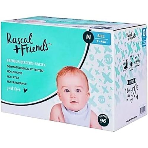 Rascal + Friends New~Born Premium Diapers, 96 Count, 1 Pack (Packaging May Vary)