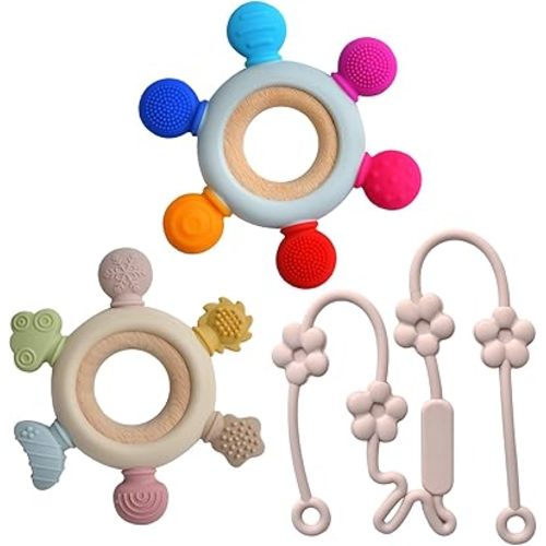 3 Packs Teether Rings for 0-6 6-12 Months Babies, Teething Toys with Pacifier Clip Holder, Baby Chew Toys for Sucking Needs, Baby Essentials