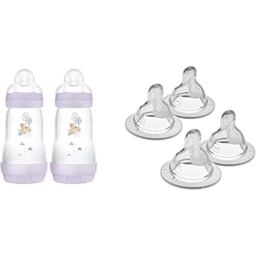 MAM Easy Start Anti-Colic Baby Bottles, 9 oz (2 Count), Medium Flow Nipples & Mixed Flow Nipple Pack for Newborns & Older Babies, Fits All MAM Bottles