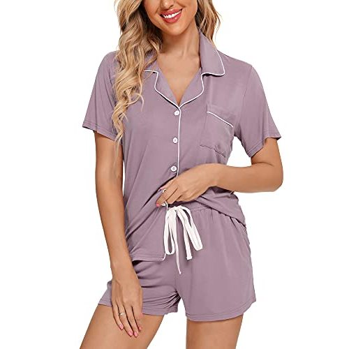 Anjue Womens Pajamas Set Short Sleeve Sleepwear Button Down Nightwear Shorts Soft Pj Sets S-XXL