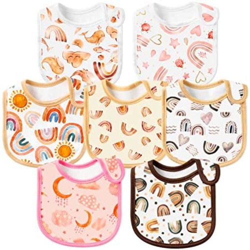 7Pcs Cotton Waterproof Baby Bibs Hook Loop Closure Newborn Bib Keepsake Baby Gift for Drooling Feeding Eating