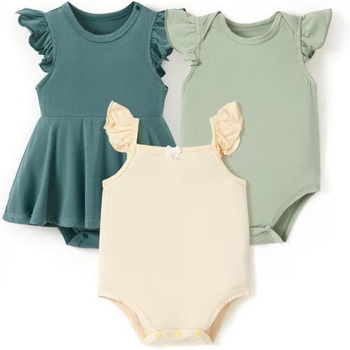 PATPAT Baby Girl Bodysuits - Soft Bamboo Viscose - Flutter Sleeves Cute Dress - Newborn Infant Summer Clothes - 3 Pack