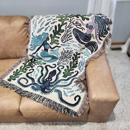 Mermaid Blanket Woven, Ocean Lover Gift Under the Sea Nursery Throw Blanket Ocean Tapestry Coastal Nursery Decor Mermaid Gifts Whale Blanket