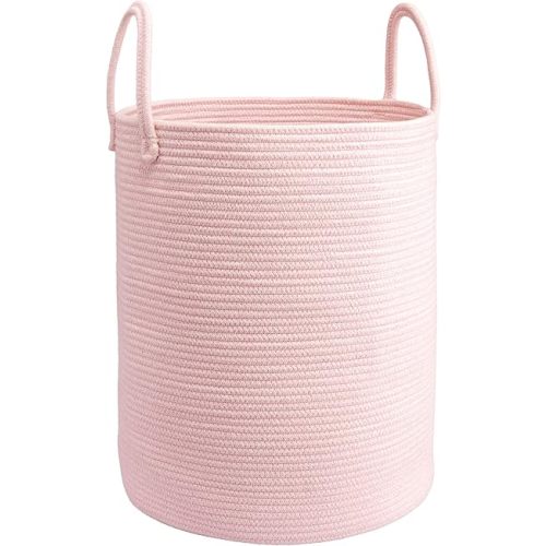 Woven Cotton Rope Laundry basket-15”X20” Laundry Hamper-Rope Storage Basket for Dirty Clothes, Toys and Blankets Perfect for Bathroom, Baby nursery and Living Room Storage (pink)