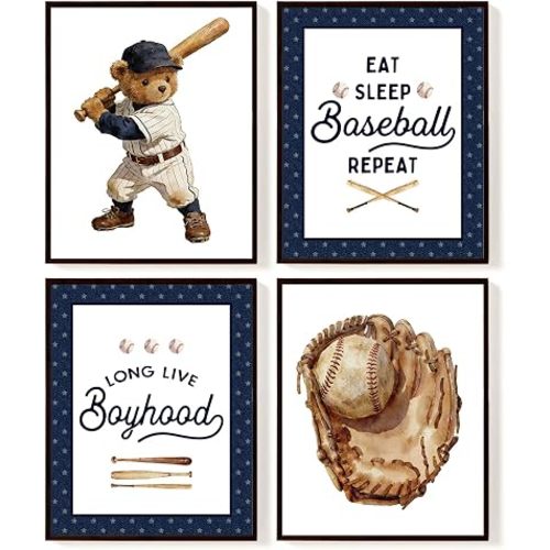 SkyCozy Vintage Baseball Bear Nursery Wall Art for Boys Room