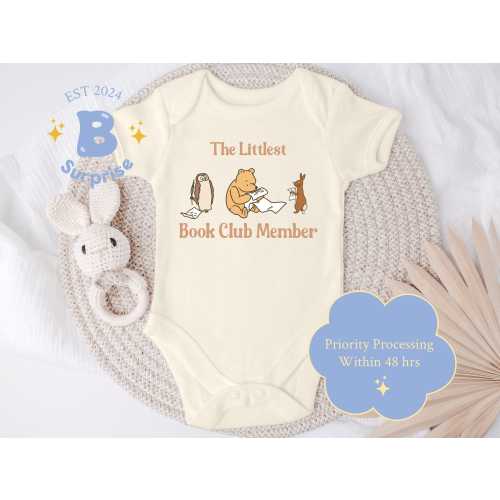 Classic Pooh Bodysuit | Littlest Book Club Member Onesie® | Pooh and Friends Design | Natural Baby Bodysuit | Vintage Storybook Theme