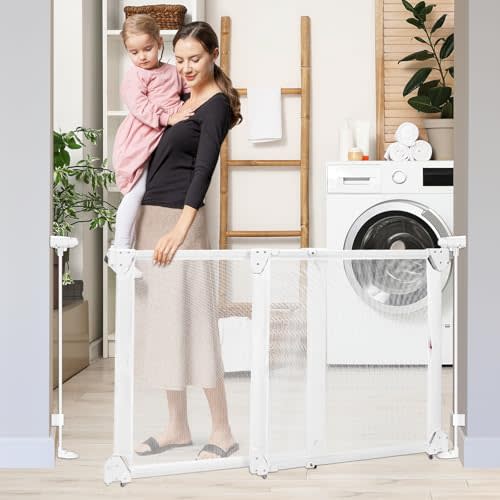 No Bottom Bar Baby Gate for Stairs, 34-55” Adjustable Baby Gate with Large Walk Thru Door, Mesh Dog Gate Indoor/Outdoor, Dual Openings Child Safety Gate for Doorways, White