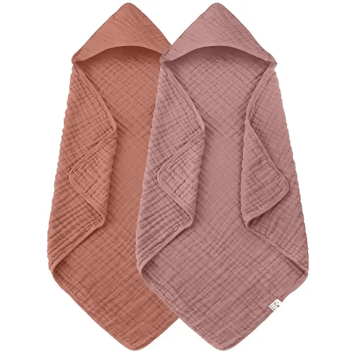 2 Pack Hooded Baby Towels - 100% Muslin Cotton for Newborns, Infants, Toddlers - Large 32x32 Inch Size - Highly Absorbent and Essential for Newborn Care, Deep Bean Paste