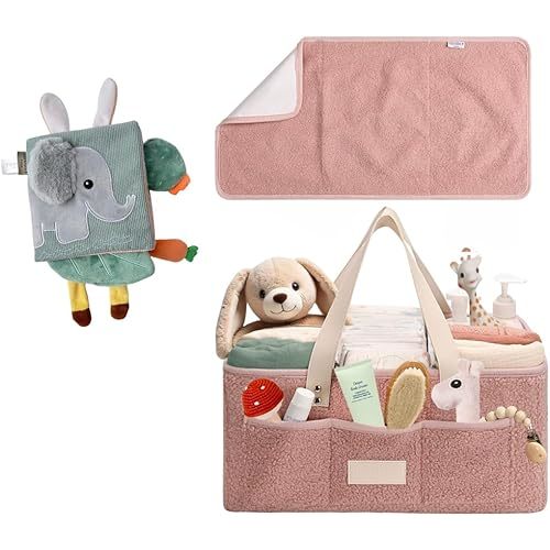 Cute Baby Soft Book and Teddy Diaper Caddy with Changing Pad (Pink) Bundle