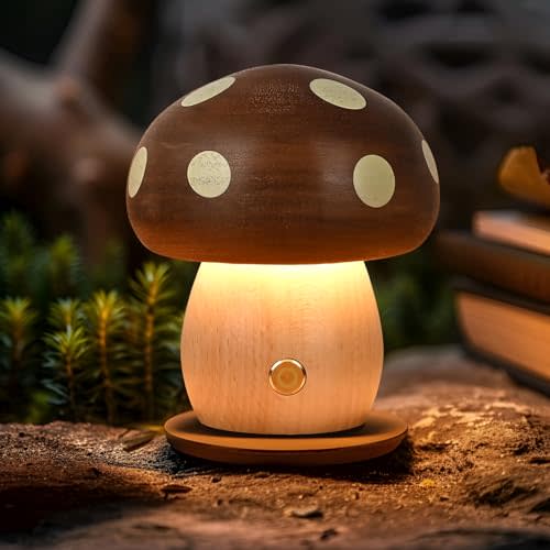 LONRISWAY LED Wooden Mushroom Lamp, Rechargeable Battery Operated Portable Cordless Touch Switch Small Lamp, Stepless Dimming Night Light for Birthday Gifts