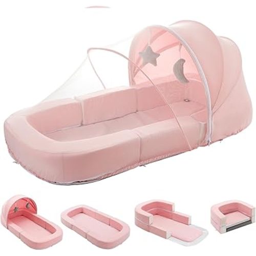 Todldler Baby Travel Bassinet Bed & Chair, Fold Out Sofa Couch Lounger with 2-1 Mosquito & Canopy, Foldable Portable Travel Cot with Foam Raised Safety Bumpers for Infant Toddlers 0-36 Months (Pink)