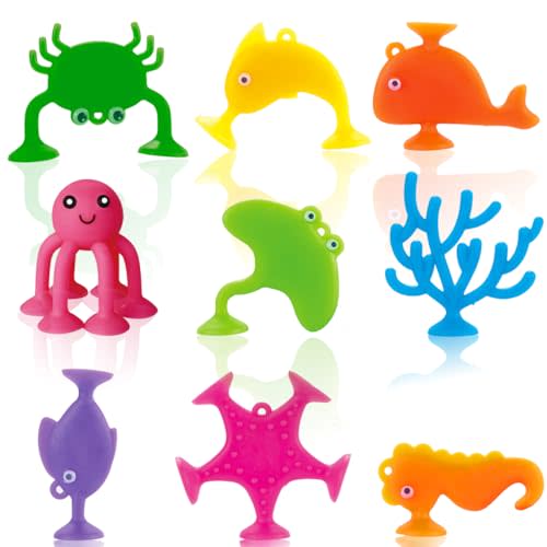 Suction Bath Toys for Kids, 9 PCS Silicone Ocean Animal Suction Cup Toys, Mold Free No Hole Bathtub Toy, Sensory Window Building Toy Gifts for Toddler Children Kids Over 3 Years