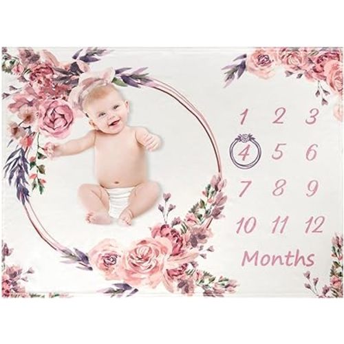 Bohemian Rose Baby Monthly Milestone Blanket for Girls Swaddle Blanket Growing Gender Reveal Gift Photo Props Girls Bohemian Blanket Mom-to-Be Gift Ideas Birthday Anniversary 40"x50"