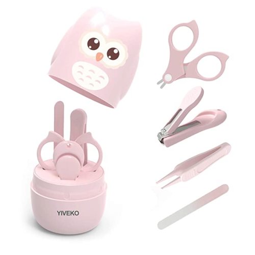 Baby Nail Kit, 4-in-1 Baby Nail Care Set with Cute Case, Baby Nail Clippers, Scissors, Nail File & Tweezers, Baby Manicure Kit and Pedicure kit for Newborn, Infant, Toddler, Kids-Owl Pink - Green