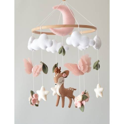 Deer baby mobile girl. Butterflies baby mobile. Baby shower gift. Flowers baby mobile.