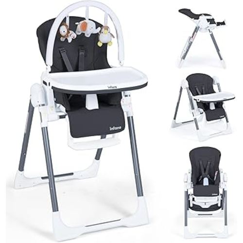 INFANS High Chair for Babies and Toddlers, Foldable Highchair with 7 Different Heights 4 Reclining Backrest Seat 3 Setting Footrest, Removable Tray Built-in Rear Wheels with Locks