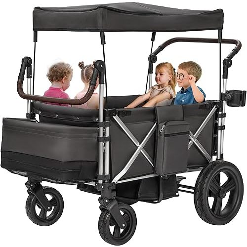 Stroller Wagon 4 Seater, Folding Wagon Stroller for 4 Kids, Collapsible Push Wagon with 5-Point Safety Belt and Canopy, Adjustable Handle, All-Terrain Mobility