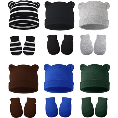 Geyoga 12 Pieces Newborn Hat Mittens Gloves Set Baby Boys Girls Cotton Baby Beanie for 0-12 Months