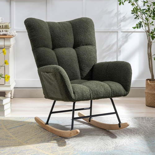 Rocking Chair Nursery, Teddy Upholstered Glider Rocker Rocking Accent Chair Padded Seat with High Backrest Armchair, Side Chair for Living Room Bedroom Office, Dark Green