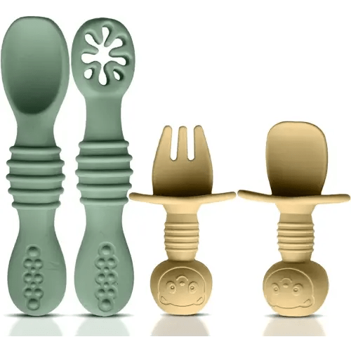 4pc Silicone Self feeding baby utensils 6-12 months Baby Led Weaning, 3 baby spoon, 1 baby fork, Toddler Cutlery Set, BPA Free, Dishwasher Safe, Baby eating essentials (Green/Yellow)