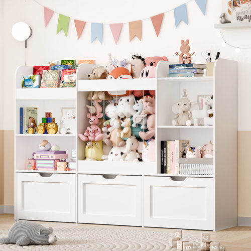 Latitude Run® 61" W Kids Toy Storage Organizer With Bookshelf, Toy Organizer With Stuffed Animal Storage, 3 Movable Toy Box, 4 Storage Compartments And 3-tier Bookshelf For Kid Toy Room Organization & Reviews | Wayfair