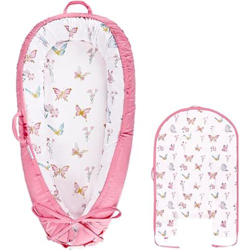 Baby Lounger Cover, Cotton Newborn Nest Cover, Baby Lounger Replacement Covers, Soft & Breathable, Reversible & Adjustable, Pink Butterfly(Cover Only)