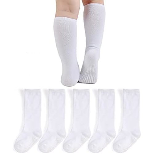 EPEIUS Knee High Socks with Non-Slip Grip Toddller Athletic Stripe Team Tube Socks Kids Boys Girls 5-Pack