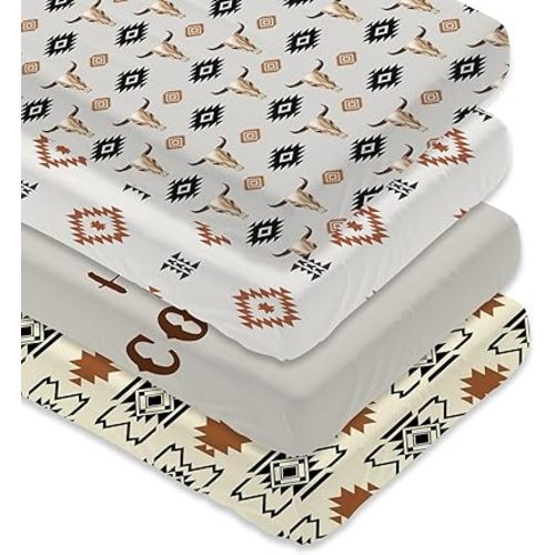 4 Pack Western Cowboy Crib Sheet Set for Baby Boy, Soft Breathable Fitted Crib Sheet 28 x 52 in, Aztec Nursery Decor for Standard Crib and Toddler Bed Mattresses