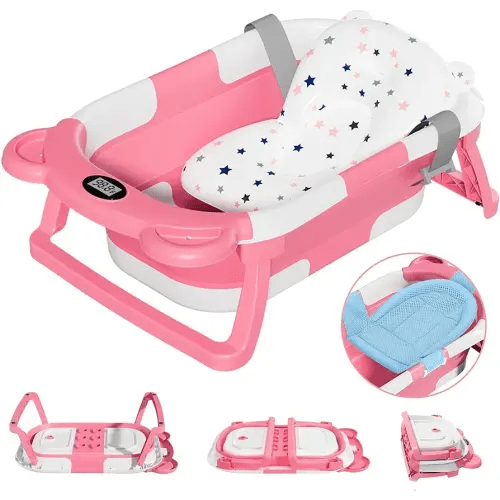 Collapsible Baby Bathtub for Newborn with Thermometer & 1 Soft Floating Cushion & 1 Bath Net,Portable Travel Bathtub with Drain Hole, Durable Foldable Baby Tubs for Infants to Toddler