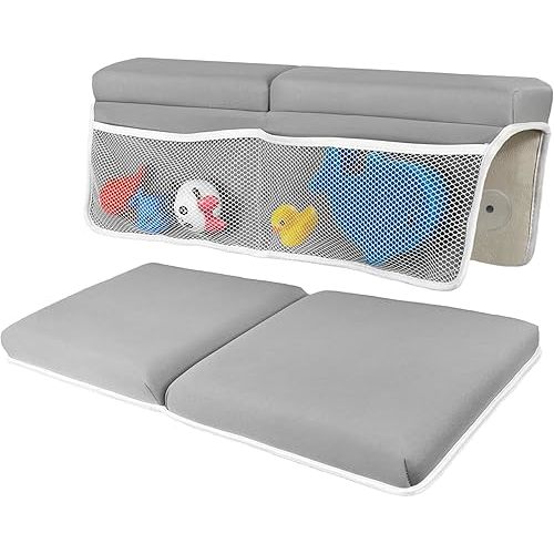 Baby Bath Kneeler and Elbow Rest Pad Set for Baby Bathing, Bathtub Edge Cushion with Non-Slip Quick Drying Kneeling Mat, Tub Arm Rest with Toy Organizer Pockets, Gray