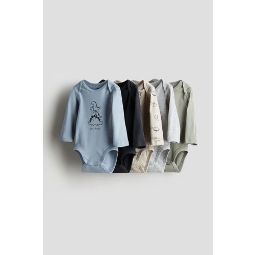 5-pack Long-sleeved Bodysuits, Envelope Neck, Long sleeve, Light dusty blue/dinosaurs