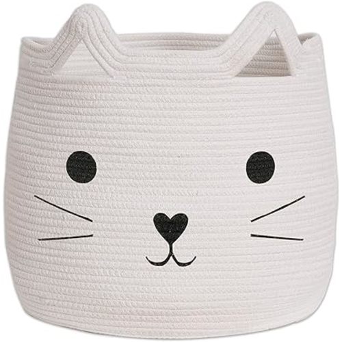 VK VK·LIVING Animal Hamper Large Woven Animal Cotton Rope Storage Basket Laundry Basket Organizer With Cat Design for Towels Blanket Toys Clothes Pet Hamper for Cat 15 L x 15 H