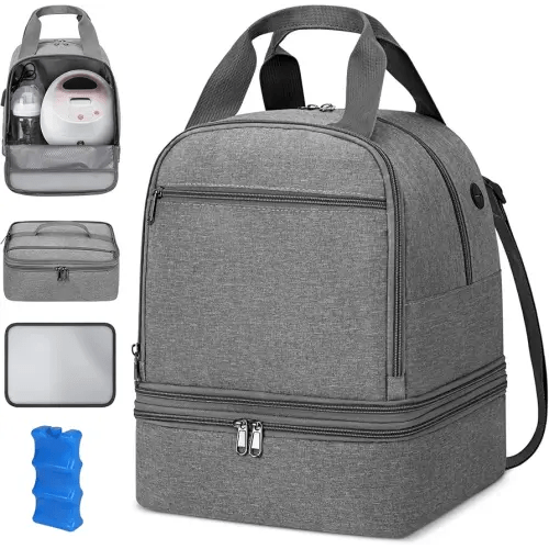 Breast Pump Bag, Double Layer Removable Pump Bag with Ice Pack, Breast Milk Cooler Bags for Working Mom, Breast Pump Storage Bags Pumping Bag Compatible with Medela & Spectra S1 S2, Grey