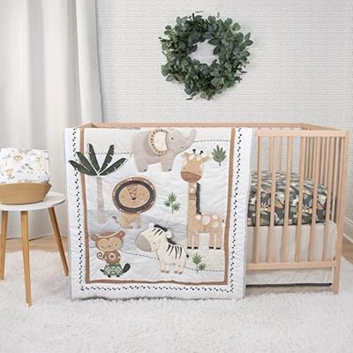 The Peanutshell 4 Piece Organic Cotton Baby Crib Bedding Set for Boys & Girls - Newborn, Infant & Toddler Nursery Bed Set Decor with Two Crib Sheets, Dust Ruffle Comforter - Safari Serenity