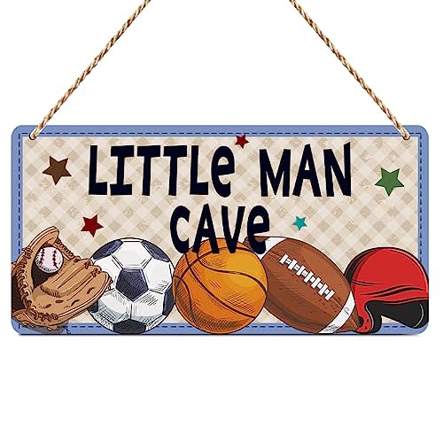 Boys Sports Little Man Cave Sign Boys Room Decor Soccer Basketball Baseball Football Wall Decor Wooden Hanging Plaque Wood Sign Home Bathroom Living Room Farmhouse Playroom Bedroom Nursery Decor
