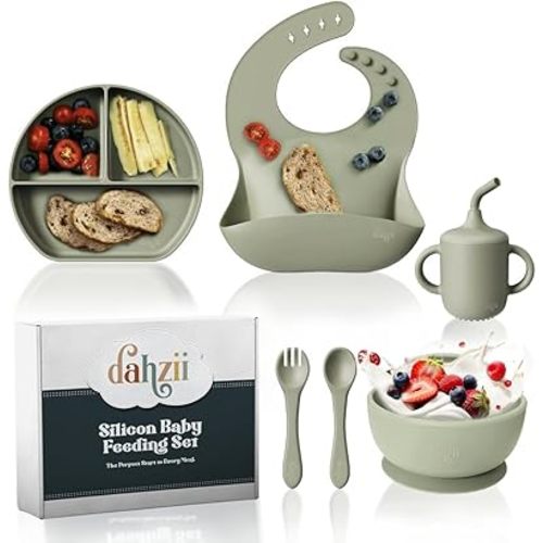6-Piece Silicone Baby Feeding Set Non-Slip Suction Plate, Bowl, Spoon, Fork, Cup, Bib. BPA-Free, Dishwasher & Microwave Safe for Babies & Toddlers