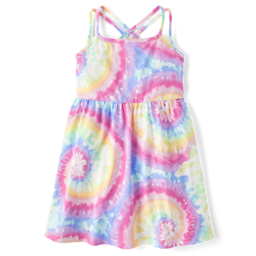 Girls Print Cross Back Dress - Pink