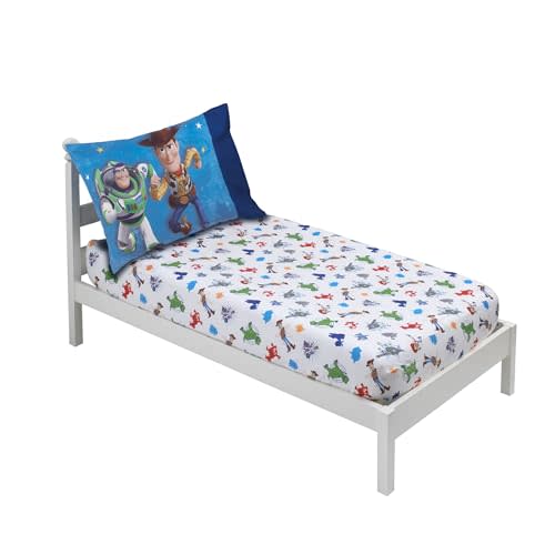 DISNEY Toy Story 4 - Blue, Green, Red and White 2 Pack Toddler Fitted Crib Sheet and Standard Size Pillowcase Set