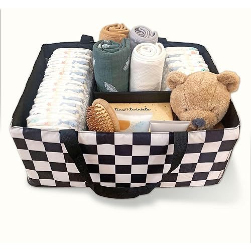 Tiny Twinkle Diaper Caddy Organizer | Foldable Baby Storage Basket with Removable Divider | Waterproof & Mess-Proof Fabric, Portable Nursery Organizer for Newborn Essentials (Black Checkers)