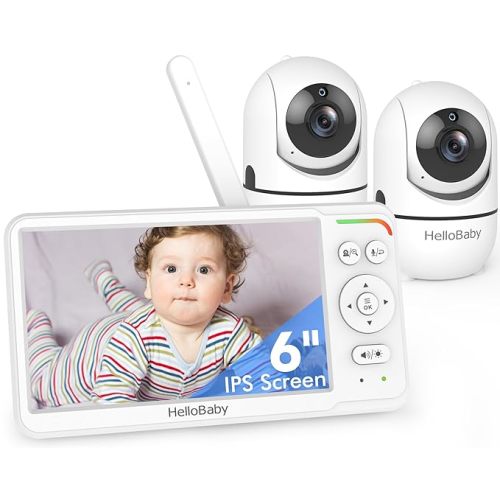 HelloBaby Baby Monitor with 2 Cameras and Audio, 6'' World First IPS Split Screen Baby Camera Monitor No WiFi, 30-Hrs Battery, ECO, 2-Way Talk, Night Vision, 1000ft, Travel Video Baby Monitor Portable