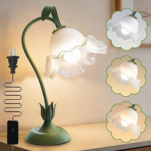 Flower Table Lamp,Bedside Vintage Flower Night Light,3 Colors Modes Kawaii Led Reading Light for Nightstands Living Room Bedroom Ambient Lighting Home Office Decor (Green Lily)