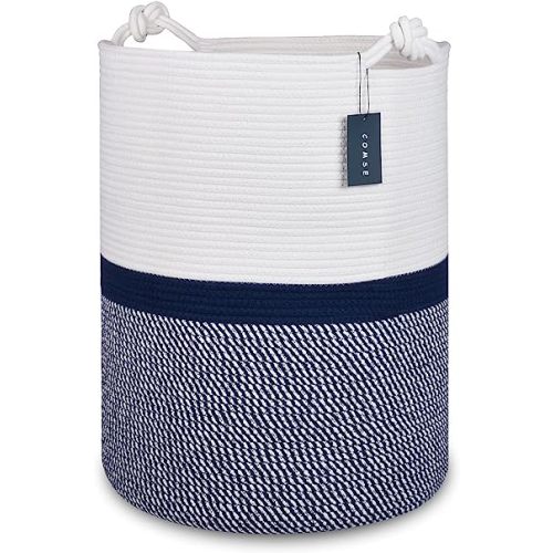 COMSE Extra Large Blanket Basket, Tall Woven Storage Basket, Nursery Hamper, 15.7”x 21.7”, Cotton Rope Laundry Hamper for Toys Clothes Towels, Blend White/Navy Blue