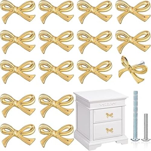 MorningRo 16 Pcs Gold Bow Drawer Knobs Brass Bow Knobs for Dresser Decorative Brass Drawer Pulls Vintage Cabinet Handles for Home Bedroom Kitchen Cabinets Hardware Cupboard (Small Size)