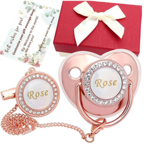 Personalized Pacifier Set with Name, BPA Free, Bling Gold Silver Pink Rose Gold Luxurious Ideal Gift for Newborns (Rose Gold)
