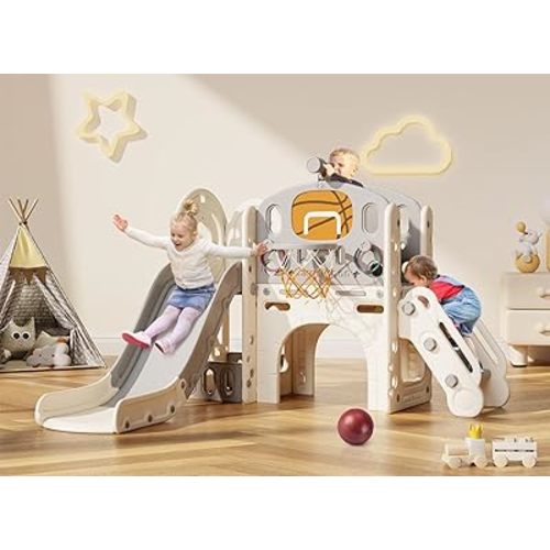 BIERUM 9 in 1 Toddler Slide, Kid Slide for Toddlers Age 1-3 with Ring Toss, Basketball Hoop, and Telescope, Indoor Outdoor Playset Playground Beige Gray