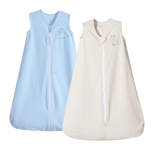 PHF Warm Micro-Fleece Baby Sleep Sack 12-18 Months, Soft Baby Wearable Blanket, 2-Way Zipper Sleeping Bags, 2 Pack Comfy Sleeping Sack for Infant Newborn Boys, Large Size, Oat Milk & Blue